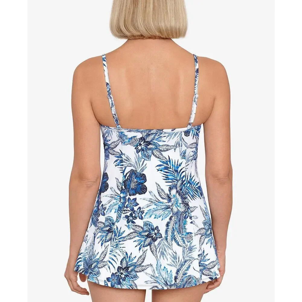 Swim Solutions Blue Blooms Printed Empire Waist Swimdress Modest NWT Size 8 - Picture 2 of 13